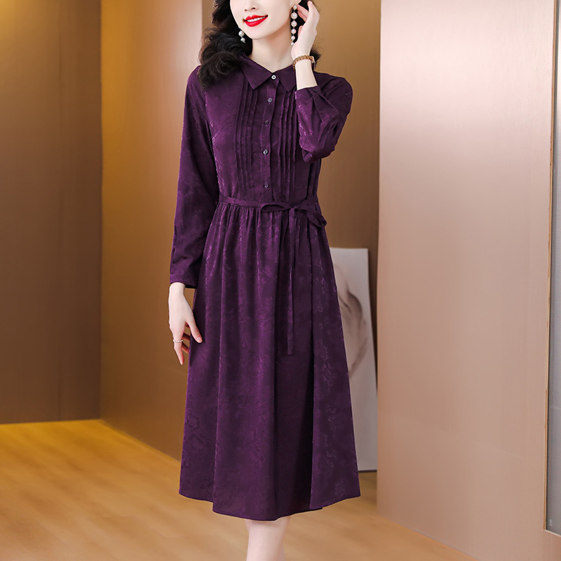 春季贵人品牌连衣裙女年法新款式气质夫名媛紫色中老年衬衫裙