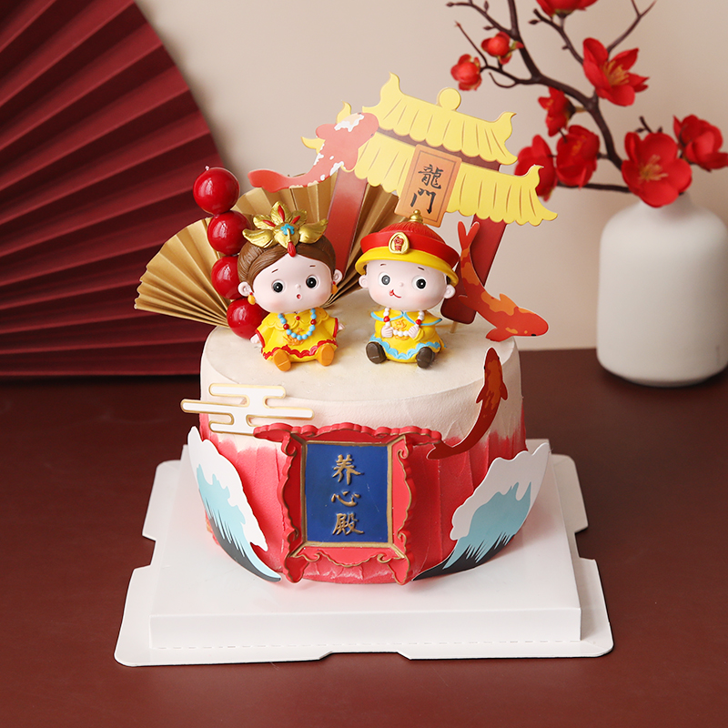 烘焙蛋糕装饰卡通皇上皇后格格生日快乐派对摆件可爱古风树脂装扮