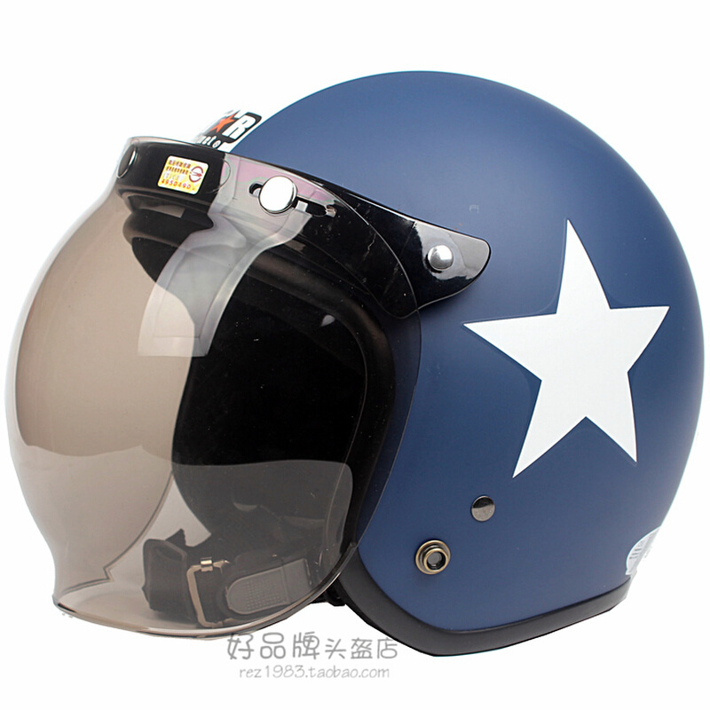 台湾正安磨砂蓝白星哈雷电动摩托车复古半头盔男女安全帽保暖冬季