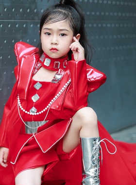 女童舞蹈表演元宇宙科技风潮服儿童模特走秀机车风炫酷玫红演出服