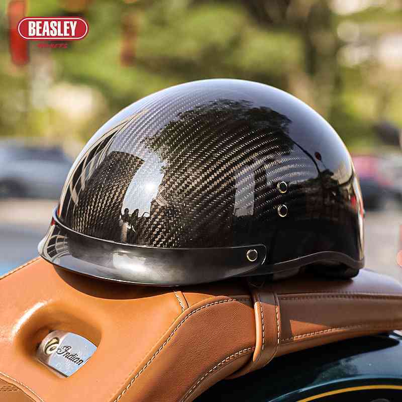 碳纤维摩托车头盔男女复古机车安全认证半盔个性酷夏季电动车瓢盔