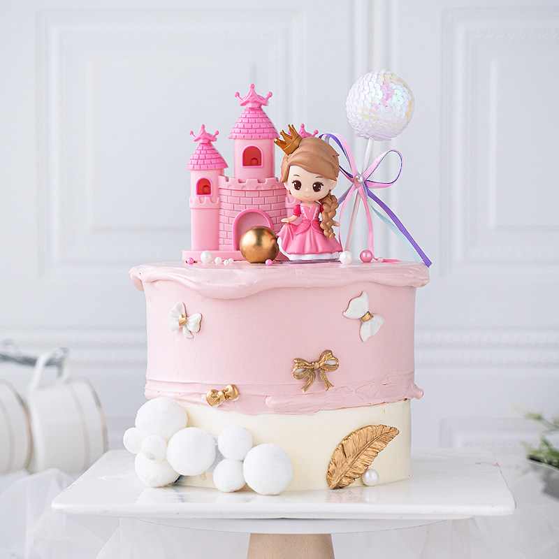 烘焙蛋糕装饰粉色皇冠公主发光城堡摆件可爱女孩粉色系生日插牌