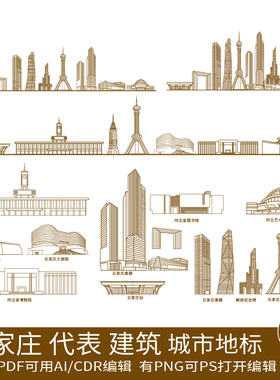 石家庄河北建筑旅游天际线条描稿地标城市景点插画剪影手绘素材
