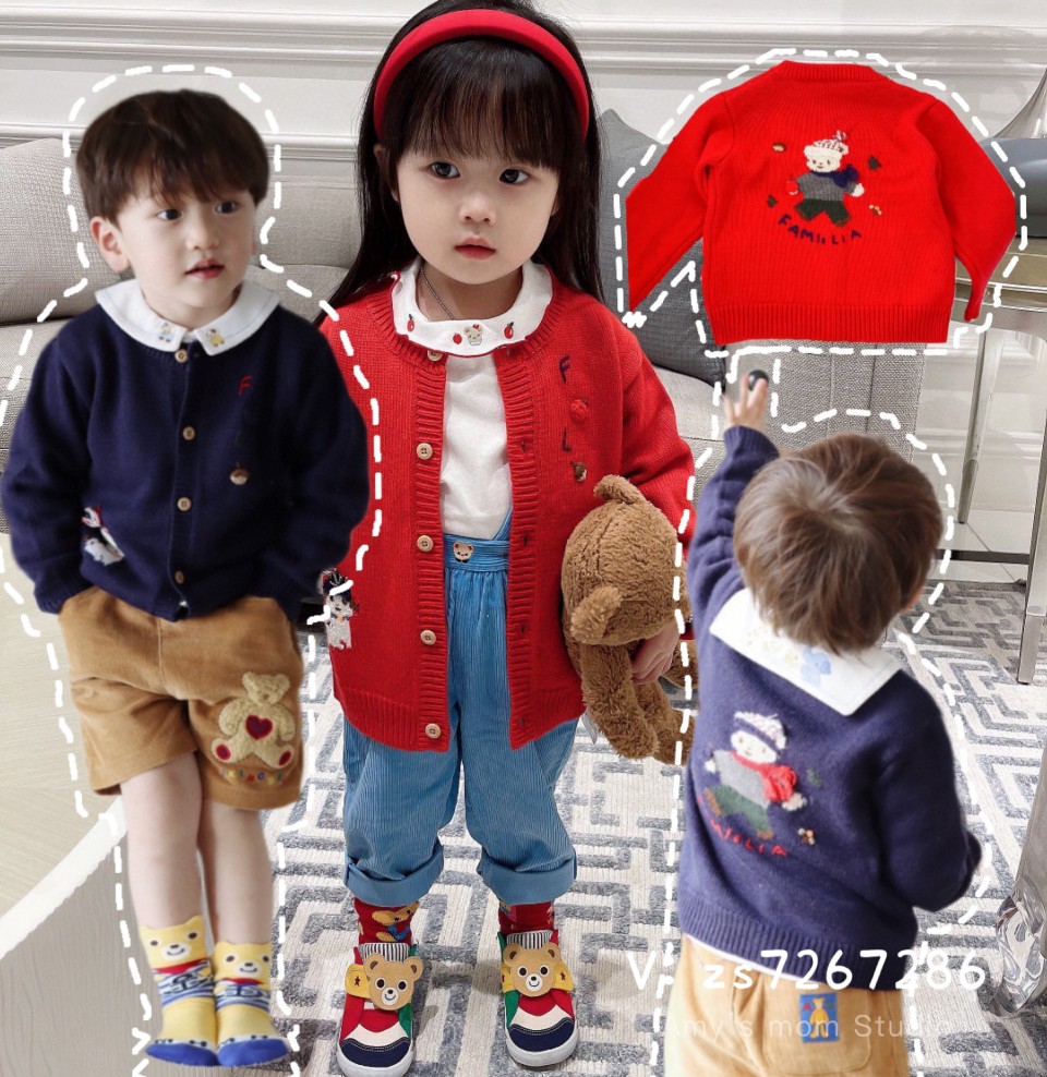 F家日本皇室重工卡通载苹果小孩针织开衫毛衣外套男童女童同步
