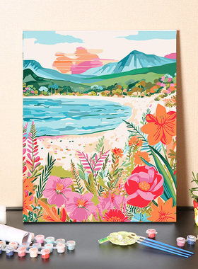 数字油画diy填充油彩画少女春天海边花的海洋装饰画手工涂色画画