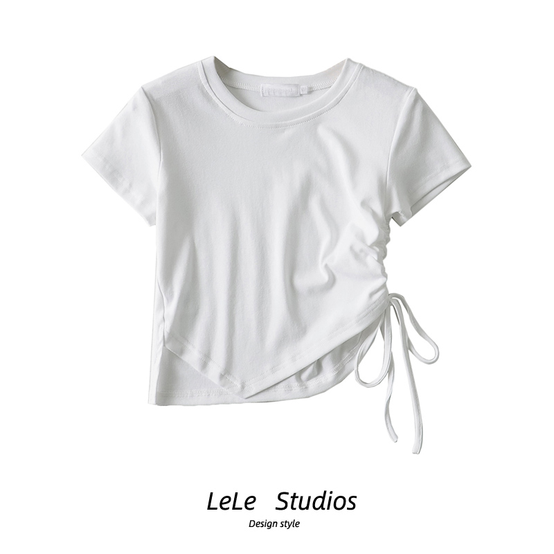 【包邮】白色短袖T恤女2024夏季新款不规则下摆抽绳绑带短款上衣