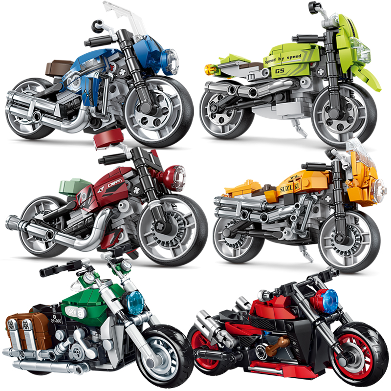 儿童益智力摩托车玩具男孩拼装积木小颗粒拼插机车模型跑车礼物
