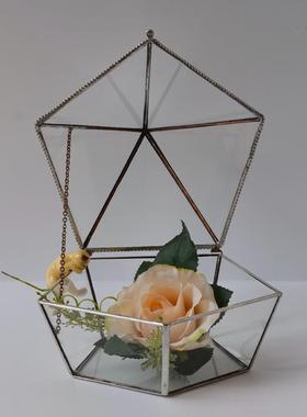 开合封闭式大五角形几何体玻璃花房种植盆高端水洗银色永生花花盒