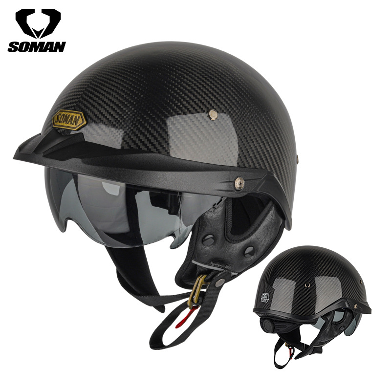 Soman哈雷头盔半盔3C认证碳纤维复古半盔摩托车男电动车头女头盔