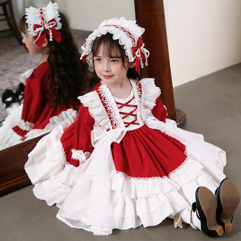 洛丽塔女童公主裙Lolita洋装小裙子红色生日连衣裙西班牙龙年服装