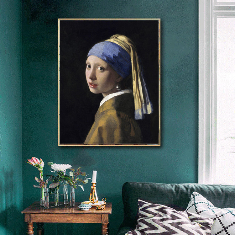 荷兰 维米尔名画戴珍珠耳环的少女 拉提琴人物油画喷绘有框画挂画