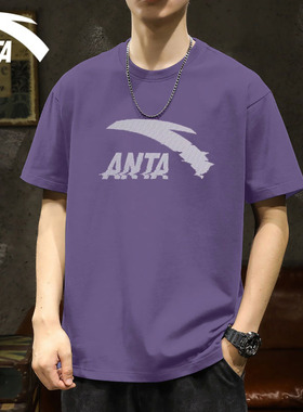 安踏紫色短袖男t恤夏季潮流大logo印花圆领宽松衣服男生半袖上衣