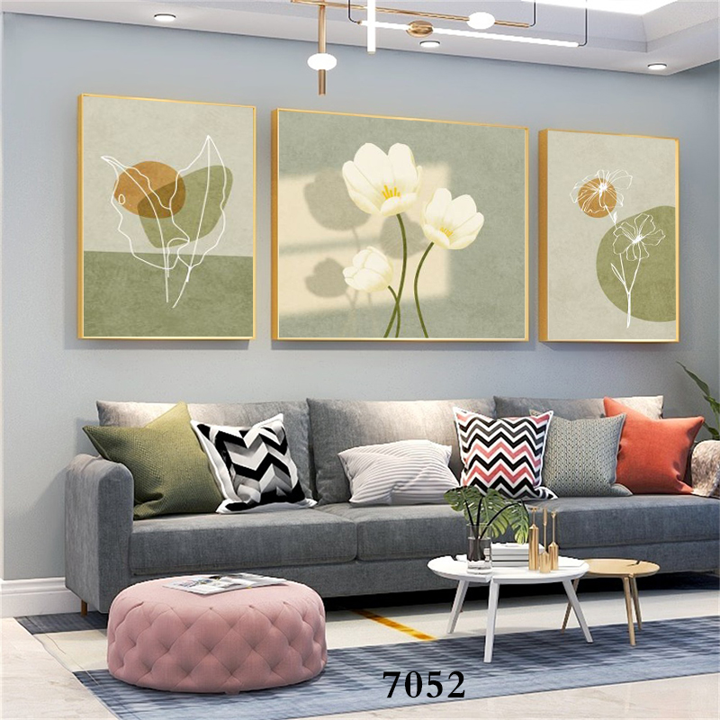 现代客厅简约花卉装饰画沙发背景墙唯美温馨花朵植物三联图手绘画