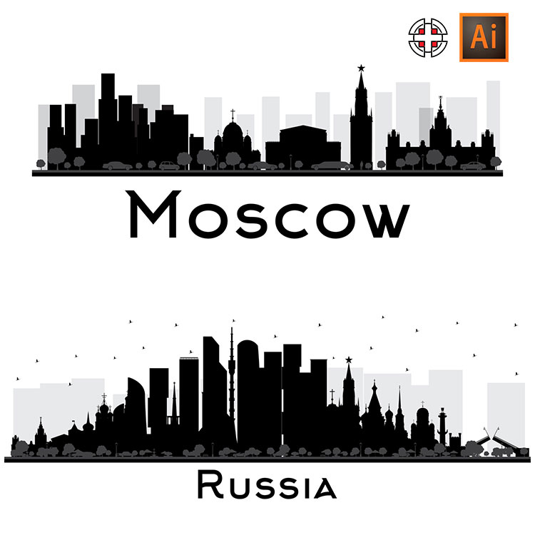 俄罗斯旅游地标城市黑白剪影AI矢量设计素材