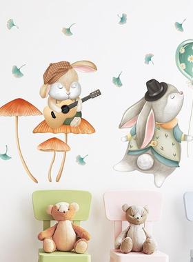 儿童房装饰画卡通兔子儿童房装饰贴门上气球可爱动物贴纸蘑菇背景