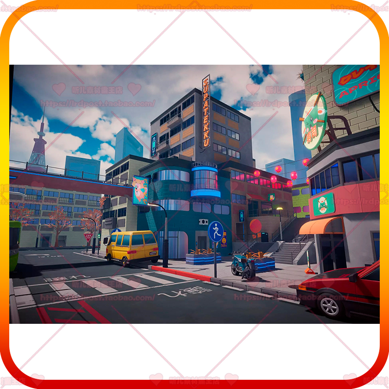 Unity3D卡通可爱动漫风格日本城市街道房屋建筑店铺车辆场景模型
