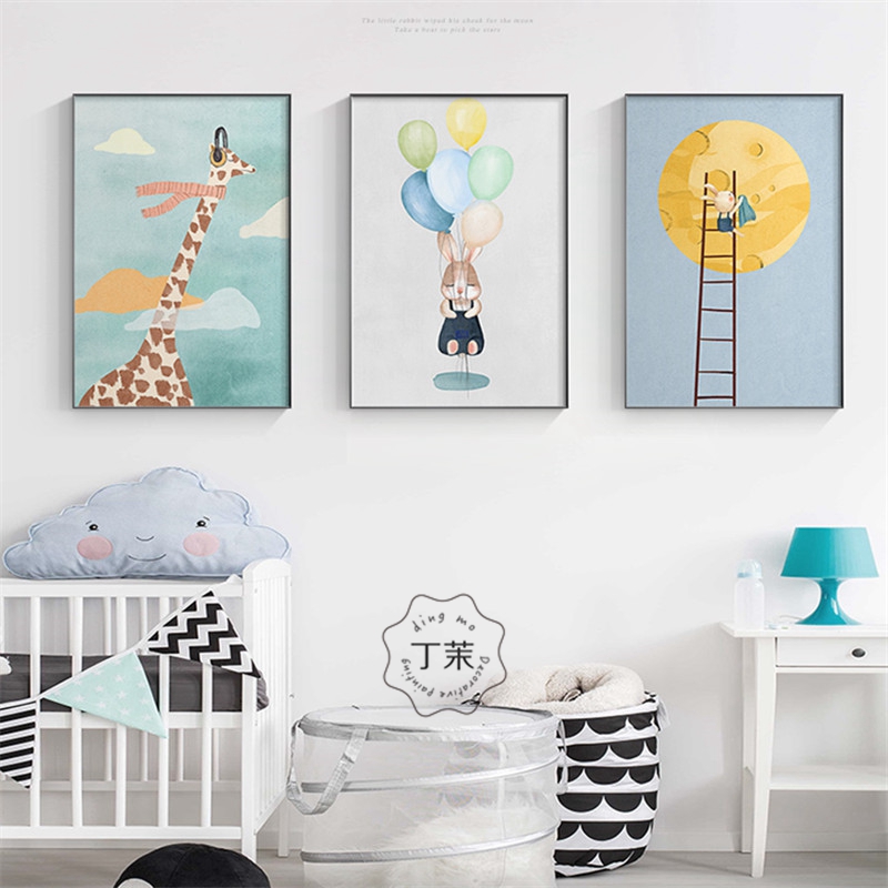 儿童房装饰画卧室床头挂画卡通动物墙画现代温馨创意壁画长颈鹿