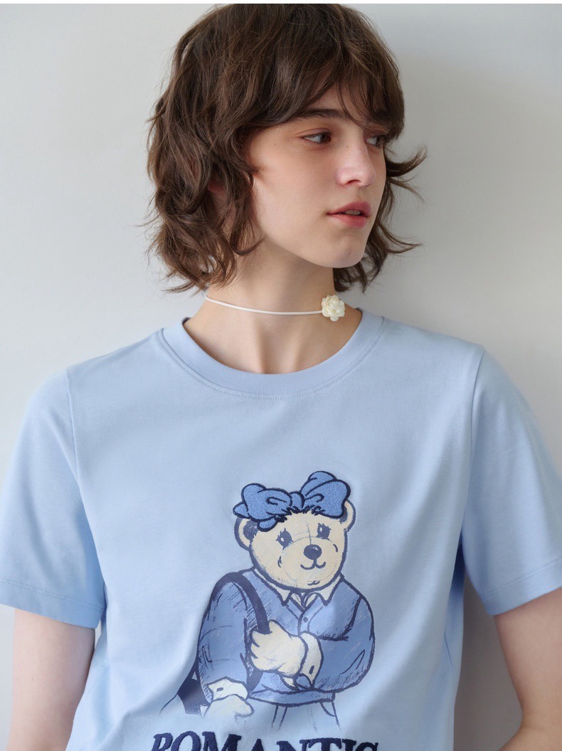 TXXenie小熊女装2024春装新款手绘风图案合体圆领短袖T恤衫TTRW24