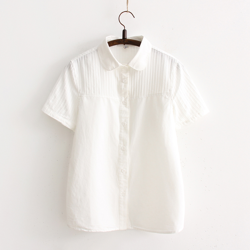2024夏装新款白色短袖衬衫女韩版宽松文艺娃娃领纯棉半袖女士衬衣
