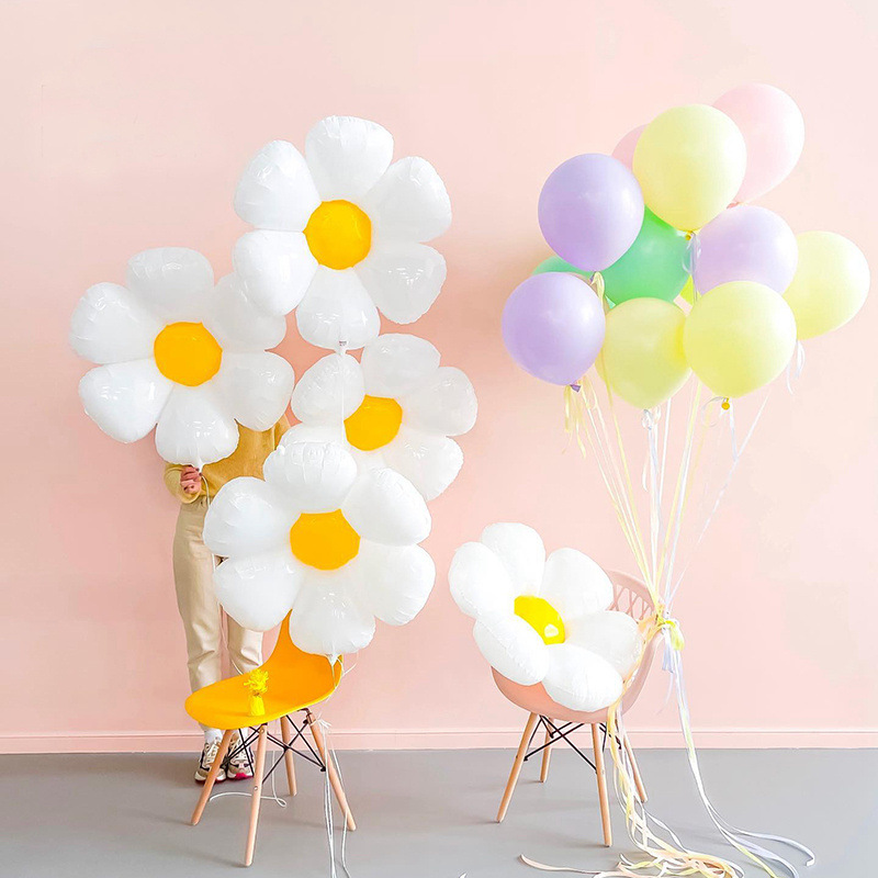 白色小雏菊铝膜气球笑脸太阳花向日葵喜庆装饰气球儿童生日派对