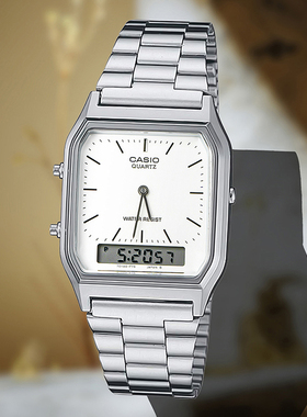 卡西欧电子表AQ-230A-1D经典复古款双显钢带男女手表AQ-230GA-9D