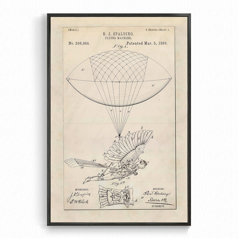 呆萌脑洞热气球飞行器专利素描设计手稿 旁白装饰画 复古趣味博物