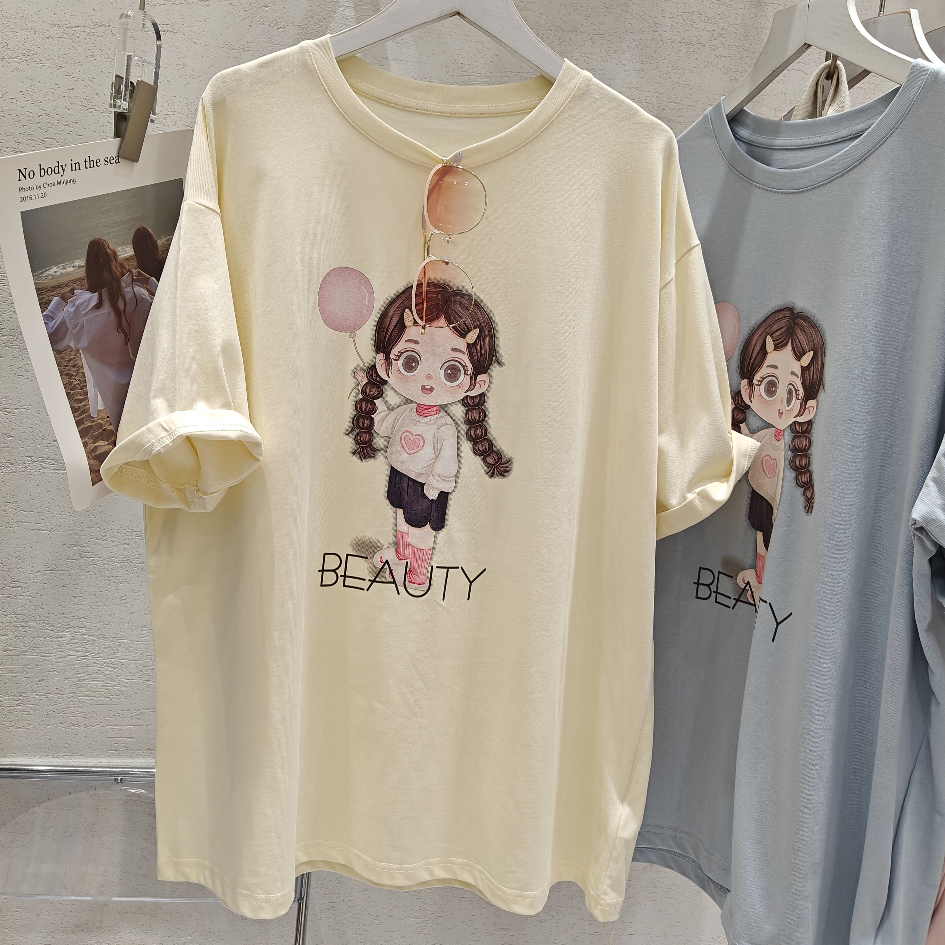 韩系可爱卡通女孩印花大版慵懒短袖T恤女夏季2024新款洋气上衣潮