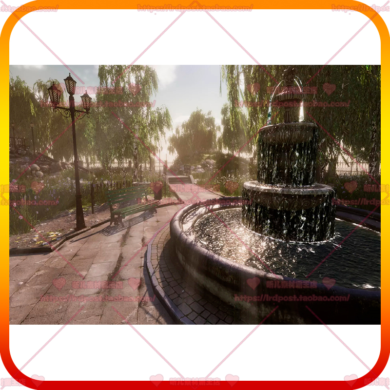 Unity3d扫描公园喷泉雕像长凳栅栏楼梯灯笼柳树草地绿道场景模型