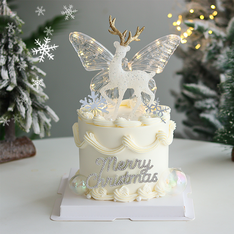 网红圣诞节蛋糕装饰发光蝴蝶摆件唯美闪粉麋鹿水晶鹿钻石摆件插件