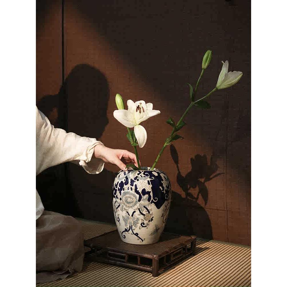 大相莲花 手绘复古青花瓷储物罐 新中式客厅玄关柜样板房花瓶摆件
