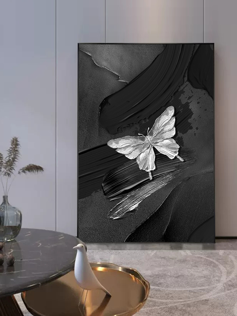 现代简约玄关装饰画高级感轻奢黑白蝴蝶石英砂抽象画客厅沙发挂画