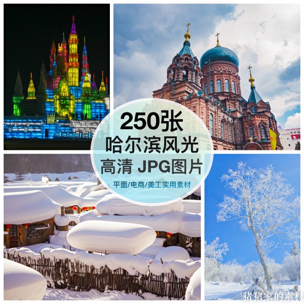 高清图库 哈尔滨风景图片冰雪乡冰雕灯中央大街装饰绘画摄影素材