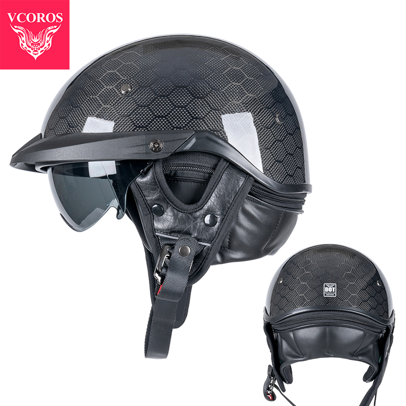 新款VCOROS复古半盔摩托车碳纤维头盔男女夏季个性机车哈雷瓢盔3c