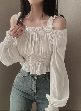韩国chic春季法式小众气质方领设计感露肩褶皱灯笼袖短款衬衫上衣