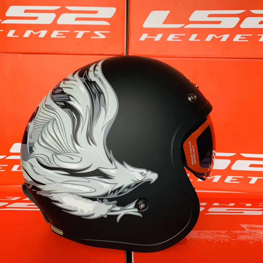 新款LS2半盔摩托车头盔男女四季通用夏盔哈雷骑行内镜电镀复古盔O