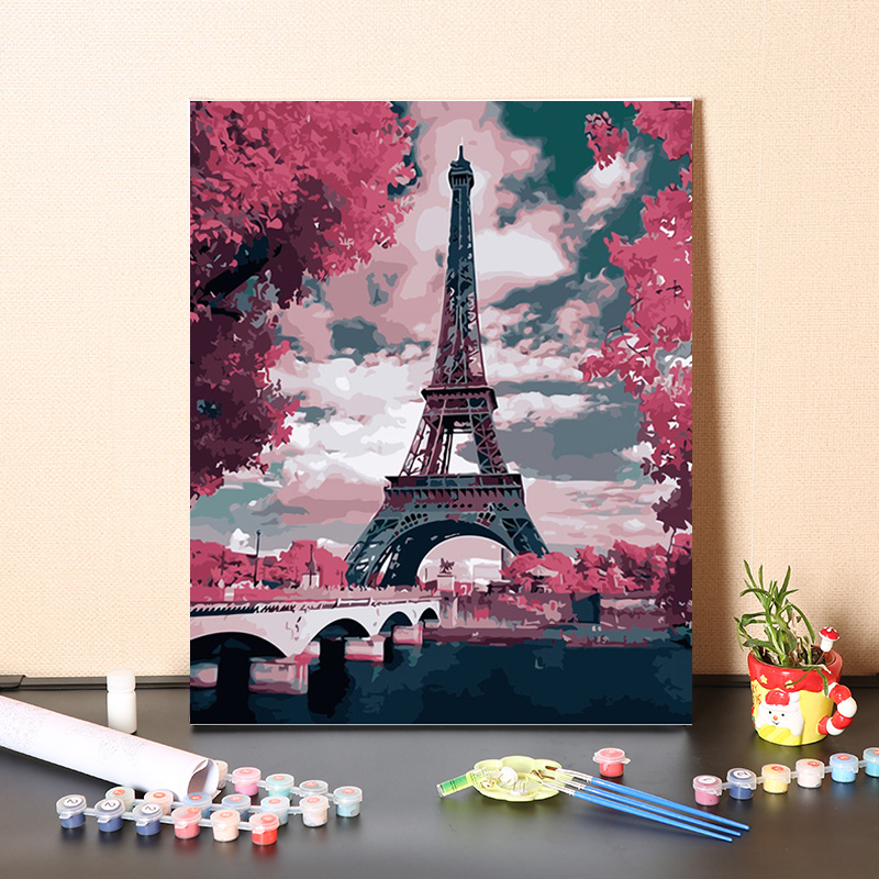 数字油画diy填充巴黎建筑手工填色埃菲尔铁塔风景手绘丙烯油彩画
