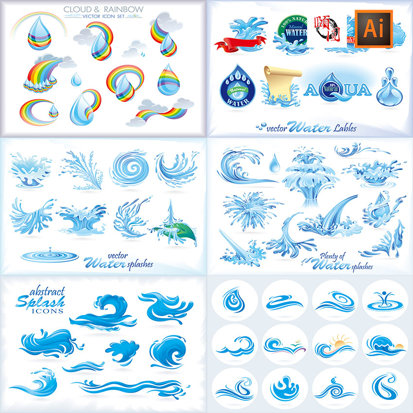 漂亮的蓝色水花水滴彩虹简约水波纹抽象LOGO图标AI矢量设计素材