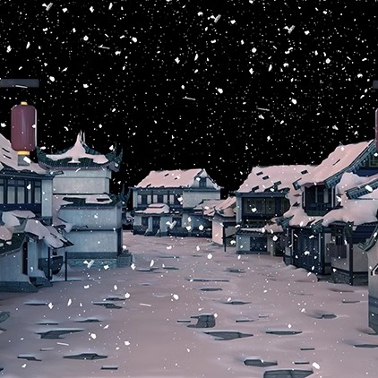 戏曲古风古代街道街头雪景大雪天夜景高清LED大屏幕舞台背景图片