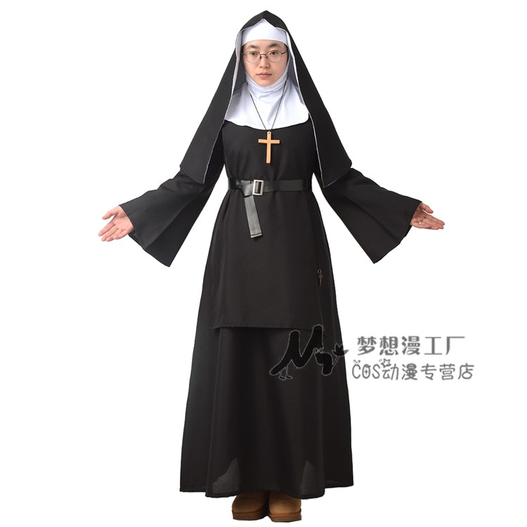 万圣节鬼修女服舞台表演聚会服装诡修女长袍黑色cos哥特风拍照