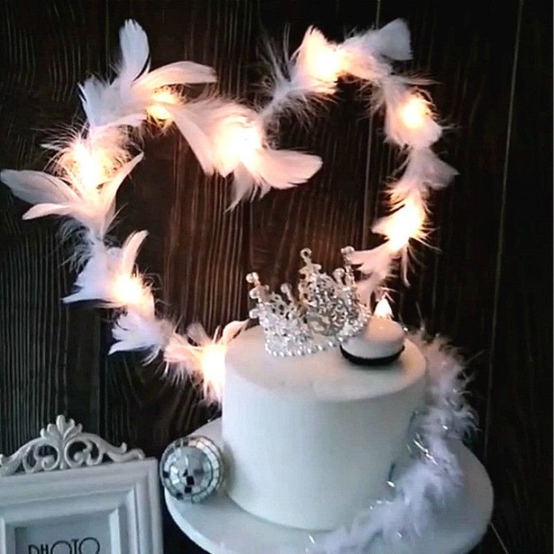 网红蛋糕装饰创意唯美羽毛摆件 LED灯光梦幻爱心节日派对装扮用品