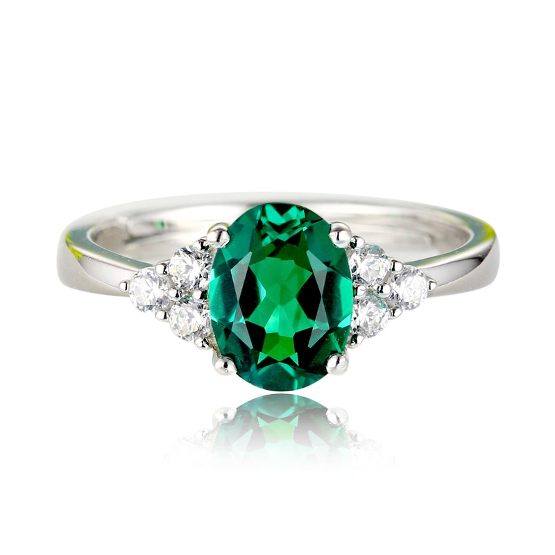 天然祖母绿戒指女款简单925银镀18K白金宝石指环清新流行珠宝活口