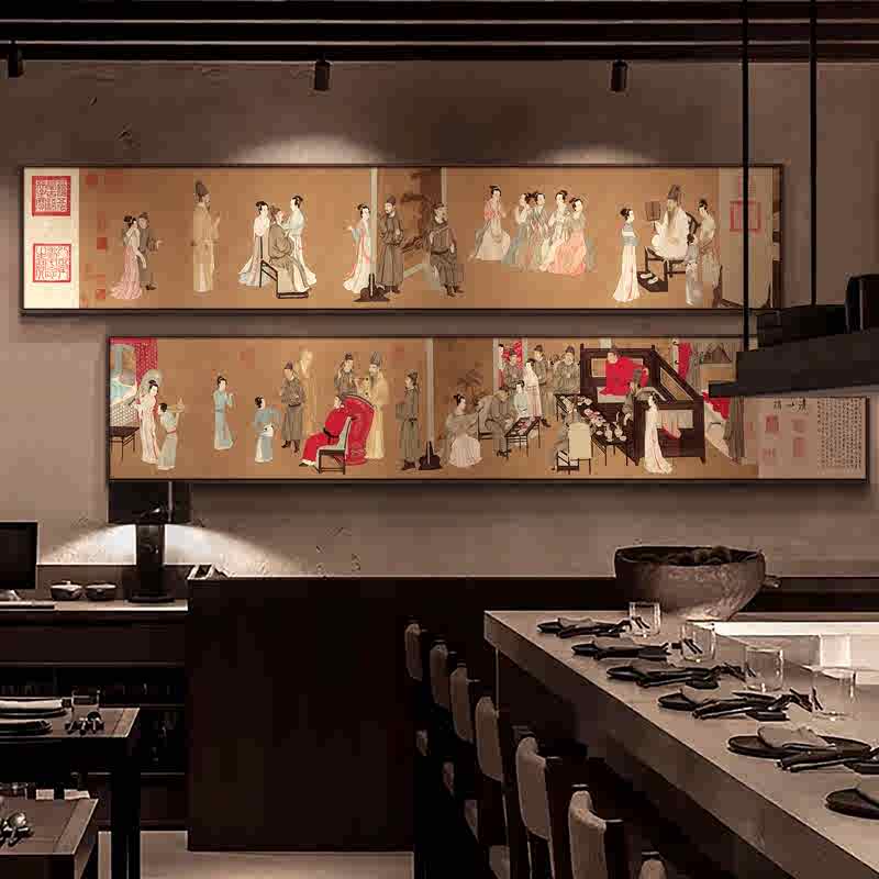 新中式餐厅装饰画【宫廷夜宴图】人物多层餐馆包厢背景墙面挂画
