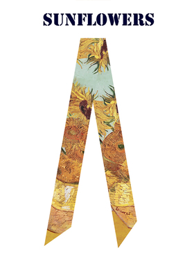 梵高系列油画风景油画黄色向日葵飘带丝带百搭长条窄丝巾发带绕包