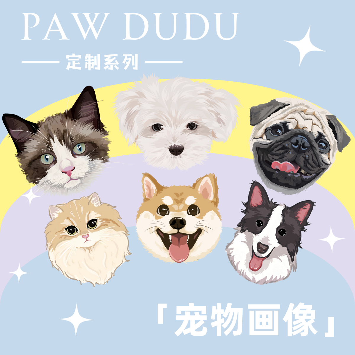 PAW DUDU宠物画像定制写实卡通纯手绘私宠猫咪狗狗头像刺绣人宠