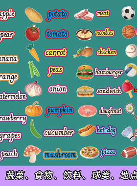 英语水果蔬菜英文单词认知闪卡片食物饮料球类地点板书黑板贴教具