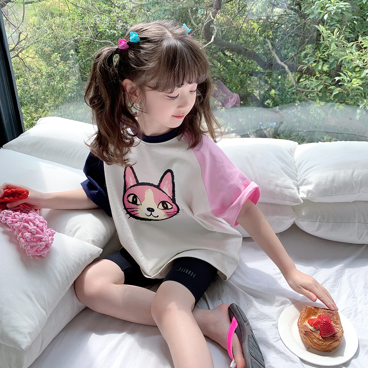 女童T恤2023新款夏装儿童韩版印花图案短袖上衣宝宝夏季体恤洋气