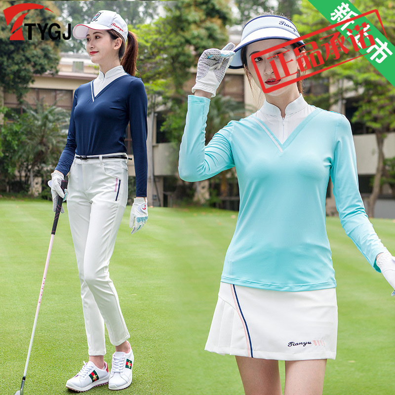 春夏新款 高尔夫球服装 女士长袖球服T恤 韩版条纹翻领运动球衣服