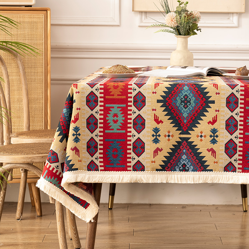 几何图案棉麻民族风布艺桌布波西米亚台布餐桌布长方形流苏提花布