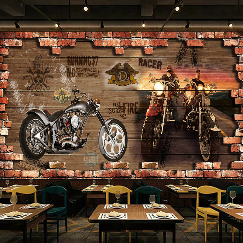 复古怀旧机车主题墙纸汽车赛车摩托车壁纸餐厅酒吧火锅烧烤店壁画