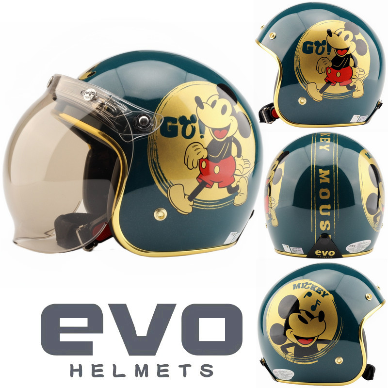 台湾EVO精装米奇金复古绿电动摩托车头盔安全帽男女防晒保暖冬季